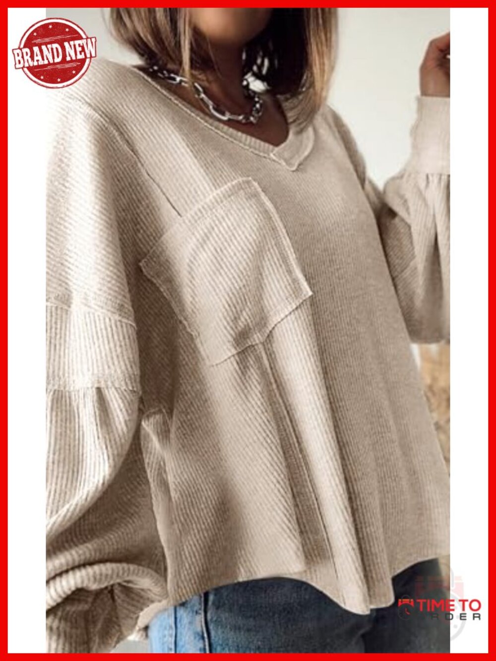 Long Sleeve V Neck Ribbed Knit Blouse Tunic Top Loose Fit Casual Pullover - Picture 3 of 6